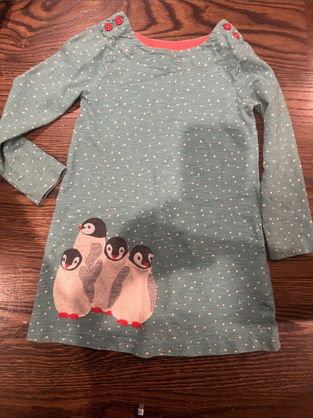 Mini Boden Teal Polka Dot Long-Sleeve Top with Penguin Appliqué